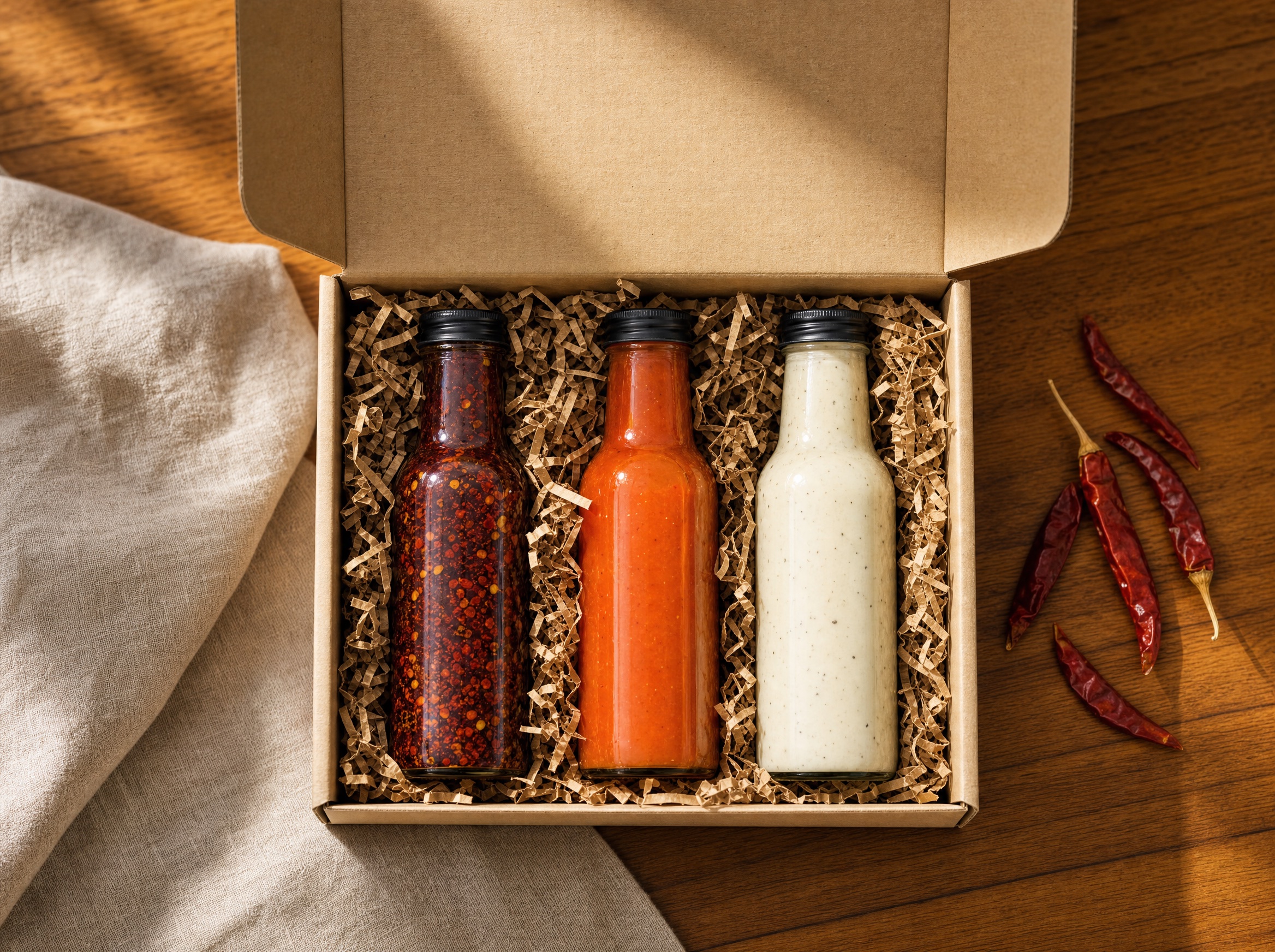 An open kraft shipping box holding three sauce bottles nestled in paper crinkle