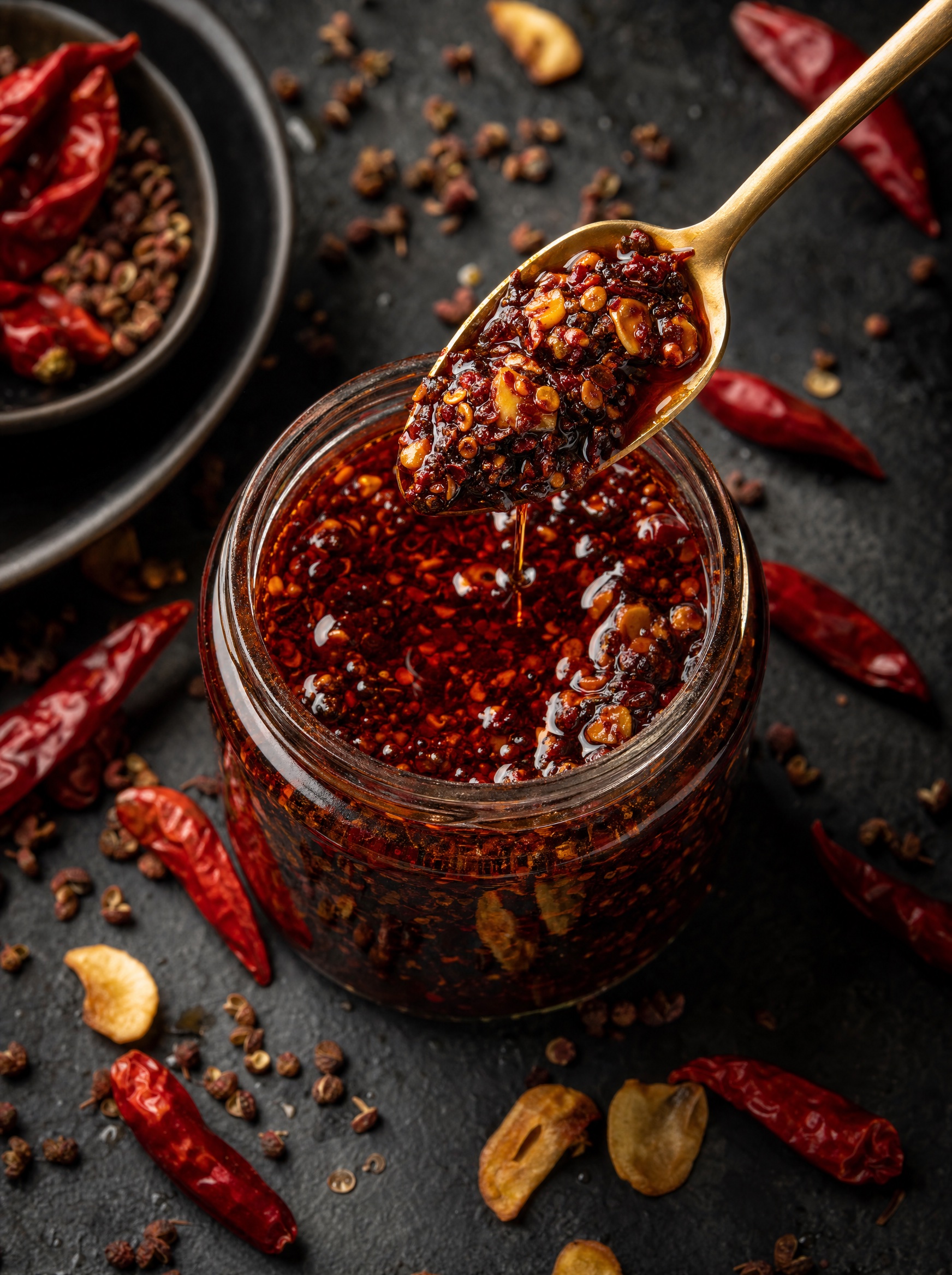 A jar of deep-red Sichuan chili crisp with a brass spoon lifting a glossy spoonful