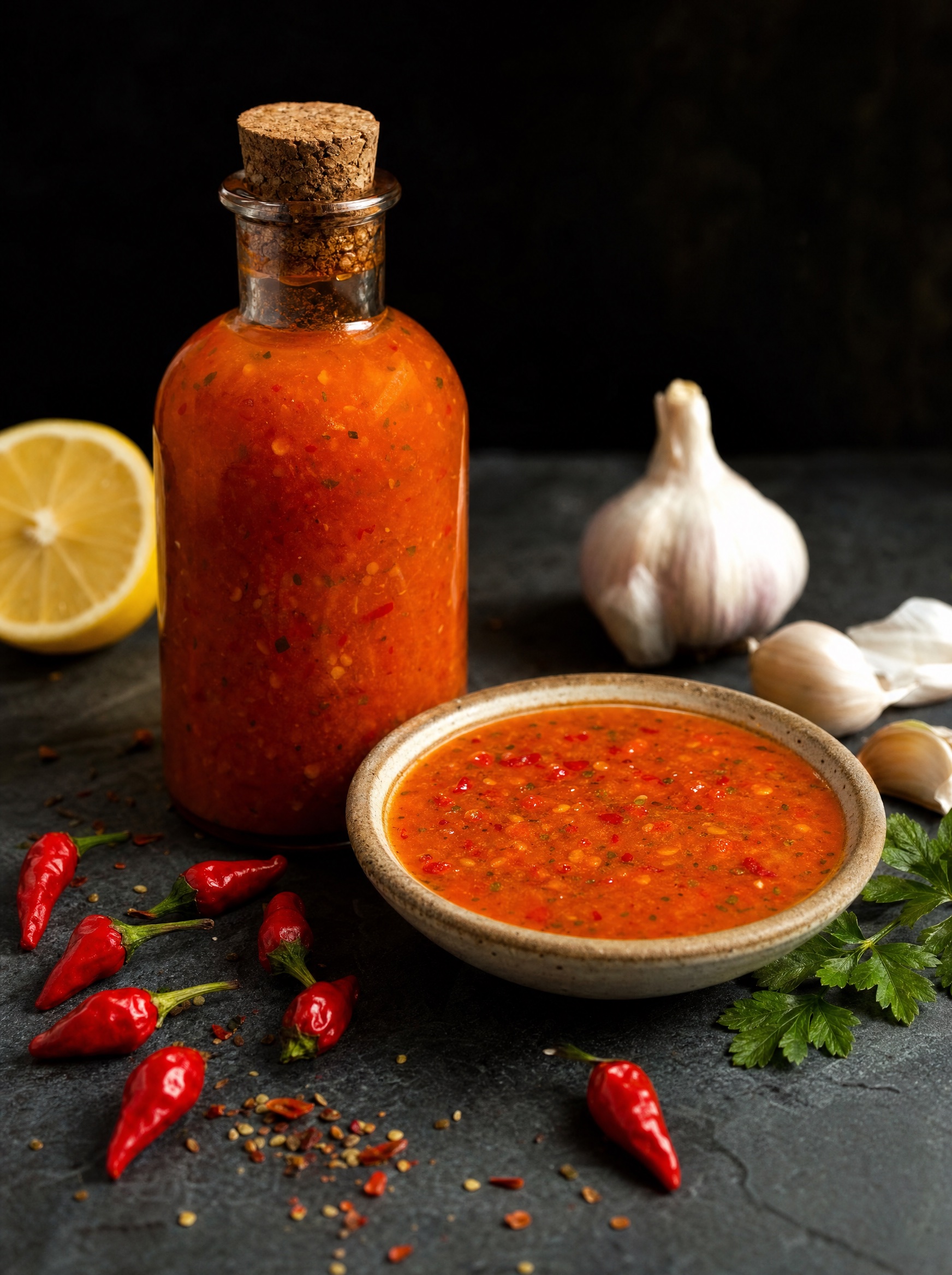 A corked bottle of vivid orange-red peri-peri sauce beside fresh bird's-eye chilies and lemon