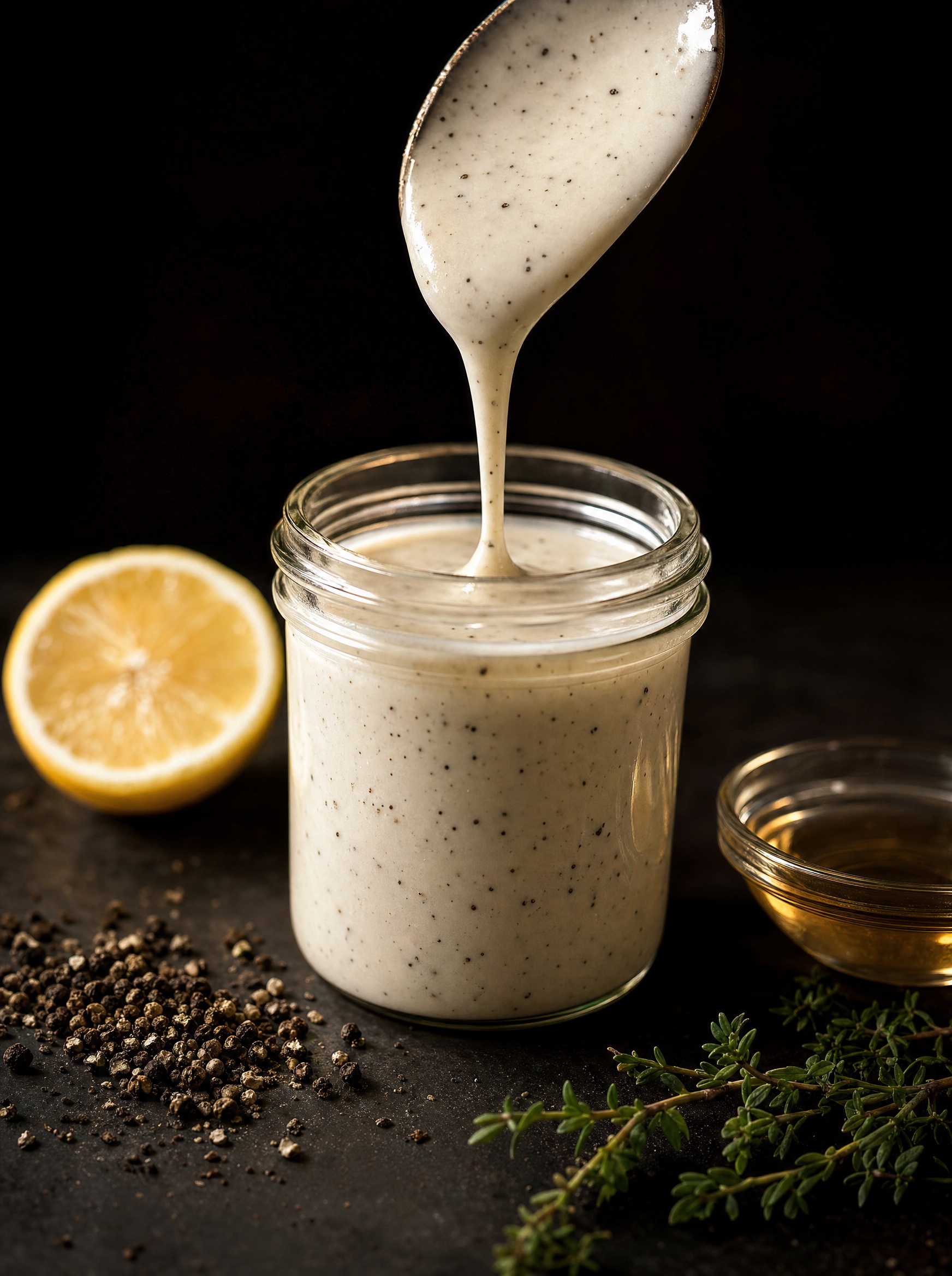 A jar of creamy Alabama white barbecue sauce flecked with black pepper, mid-drizzle