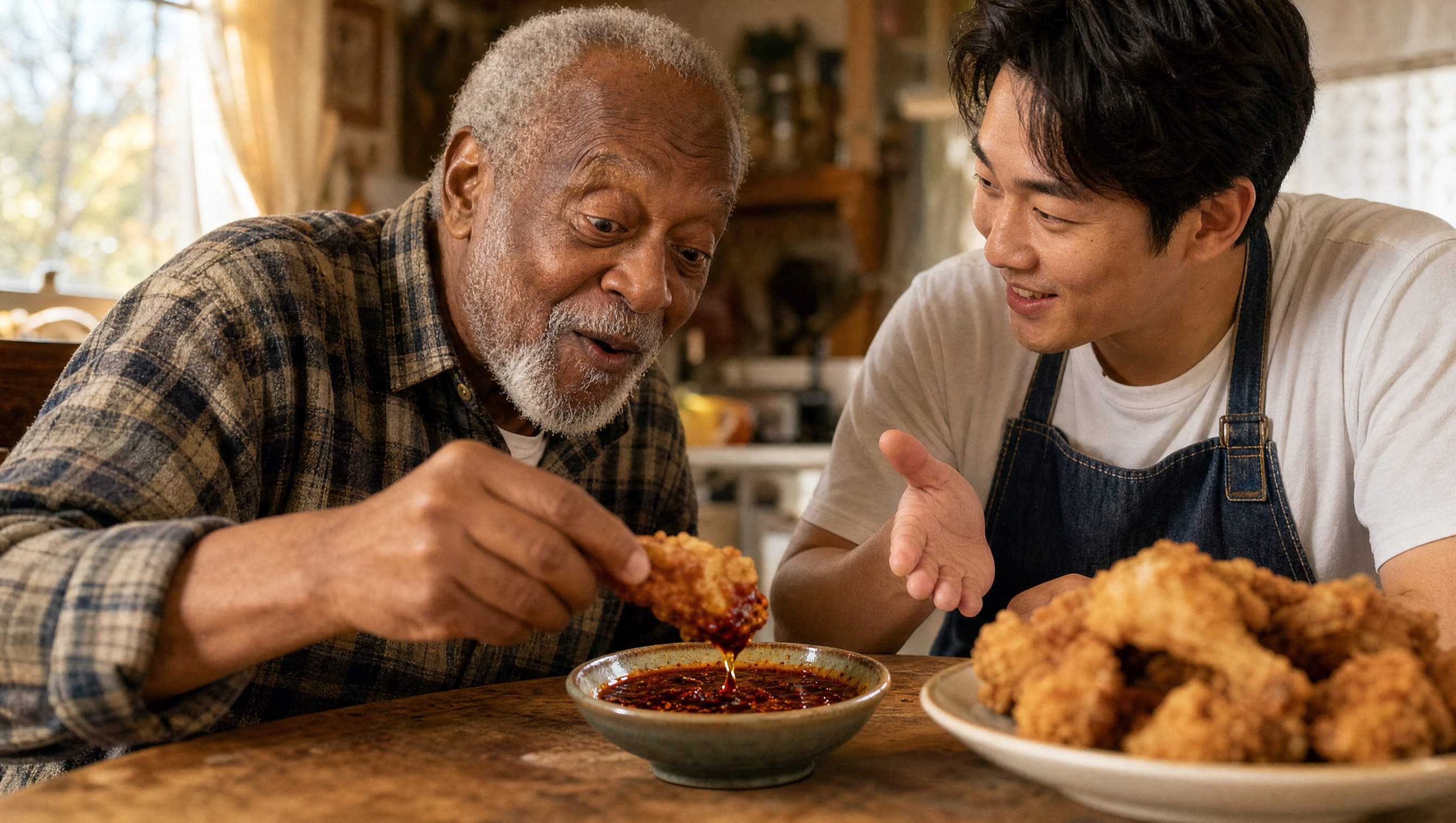 An older Black man and a young Korean American man at a kitchen table, a bowl of glossy red chili sauce in sharp focus before a plate of fried chicken